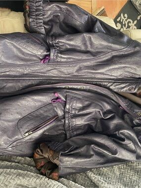Vintage Purple rabbit fur Leather Zip Jacket